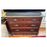 Walnut Marble-Top 3 Drawer Dresser with Carved Wood Drawer Pulls, Antique, 44'x20'x33'h Overall