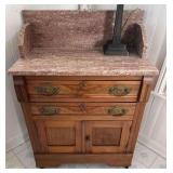 Walnut Washstand with Marble-Top, 2 Drawers over Double Doors, Antique, 27”x15”x37”h Overall
