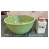 Fire King Jadite Swirl Mixing Bowl, 9'w, with Milk Glass Sugar Shaker