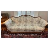Camelback Sofa, Wood Frame, with 3 Additional Cushions, Antique but has Been Reupholstered, 83'h