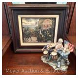 Resin Etching of American Revolutionary Scene, Framed 14'x16', with Figurine, 7.5'h