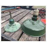 (2) Green Enamel Light Shades, Vintage, 12'-18'w