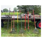 Group of Hard Rakes, Leaf Rakes, Garden Hoe, Etc.