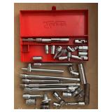 Group of Snap-On 1/4' Drive, Small Breaker Bars, Extensions, Sockets, Metal Case, Etc.