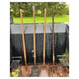 (2) Scoop Shovels, Spade Shovel, and Pitch Fork