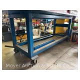 Steel Shop Table on Casters, Appears Hand Fabricated, 8ft. x 4ft. Tabletop, 38'h