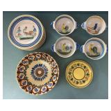 Group of Quimper Pottery Plates and Bowls, Most with Chicken/Bird Motifs, 5"-10"w