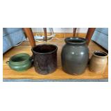 (3) Stoneware Crocks, 5"-8"h, with Other Pottery Planter, 3.5"h