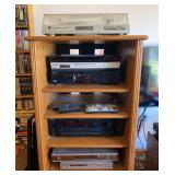 Wooden Shelf with Audio/Visual Components: Dual CS-530 Turntable, Sony STR-D711, Zenith HDV-420, Etc.
