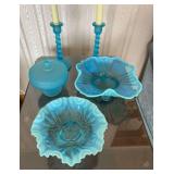 2 Blue Opalescent Footed Bowls: Jefferson "Meander" and Dugan "Fan", with a Pair of Satin Blue Candlesticks & Candy Dish, 9"-10"w and 8"h