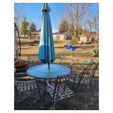 Glasstop Patio Table w/ Umbrella & 5 Chairs