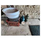Milk Crate, Buckets, Water Cans