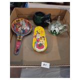St. Clair Art Glass Teapot & Vintage Tin Noise Mak