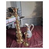 Brass Candlesticks & Pottery Pitcher
