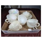 Vintage Federal Glass Moonglow Cup, Saucers, Sugar