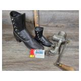 Cast Iron Shoe Door Stop & Vintage Meat Grinder