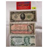 1928 $20 bill, Canadian $2, $1 Bahamas