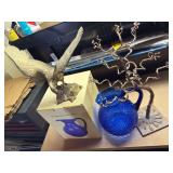 Brass eagle, art piece, blue hobnail pitcher