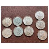 9 Kennedy Half Dollars: 1964x6, 1965x1, 1967x1, 1968x1.