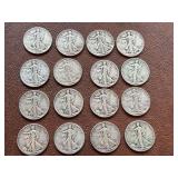 16 Walking Liberty Half Dollars: 1944x6, 1945x8, 1946x2