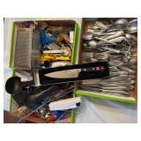 3 Boxes of mixed flatware and kitchen utensils