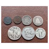 Mixed group of coins: 2 Indian head cents, 1874 1Mark, 1873 seated liberty, others have damage or worn