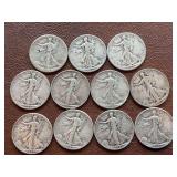 11 Walking Liberty Half Dollars: 1935x2, 1936x1, 1937x2, 1938x1, 1941x4, 1 worn off
