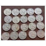 20 Franklin half dollars: 1953x4, 1954x5, 1957x3, 1958x2, 1960x4, 1961x2
