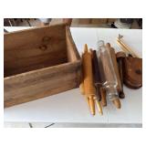 Wood and glass rolling pins and old wood box. See pics