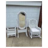 Mirror, rocking chair, magazine rack