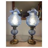 Pair of Fenton matching blue cabbage rose with opalescent Gone With The Wind lamps. 21' tall GWTW