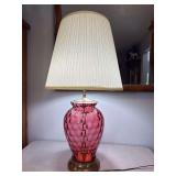 Cranberry optic dot brass lamp with pleated shade. 31' tall