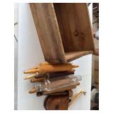 Wood and glass rolling pins and old wood box. See pics