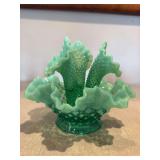 Fenton green opalescent hobnail epergne. Uranium