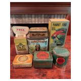 Vintage tobacco-related tins and advertising items as shown. Includes assorted tobacco tins, advertising containers, and related collectible pieces with printed graphics and age-related wear.