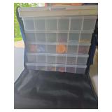 Carry bag of eyelets and buttons as shown. Assorted crafting, sewing, and scrapbooking embellishments suitable for card making, journaling, paper crafts, mixed media, fabric projects, and other creati