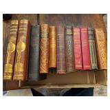 Flat of antique books as shown. Assorted group of older hardcover books with decorative, reading, and collectible display appeal. Suitable for bookshelf décor, library display, collecting, or resale.