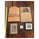 Vintage advertising items as shown. Assorted group includes advertising signs, prints, and related display pieces with general store and collectible advertising appeal.