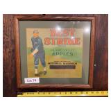 Best Strike Pajaro Apples advertising sign featuring a vintage baseball player graphic as a play on “Best Strike.” Produce-related advertising piece with strong baseball crossover appeal, suitable