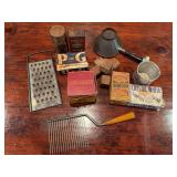 Antique items as shown. Assorted primitive and household grouping with aged wood, metal, and decorative pieces suitable for rustic display, country store décor, collecting, or resale.