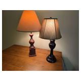 Pair of table lamps with traditional styling and decorative bases. Suitable for use on side tables, nightstands, console tables, or accent furniture.