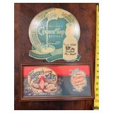 Two vintage advertising signs as shown. Assorted advertising display pieces with general store, country store, and collectible advertising appeal. Suitable for wall display, shop décor, or advertisin