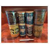 Vintage tins and Morton Salt items as shown. Assorted advertising and household collectible group with printed graphics, kitchen, grocery, and general store display appeal. Suitable for tin, advertisi