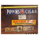 Four vintage metal signs as shown. Assorted advertising and decorative metal sign group with general store, shop, garage, kitchen, or collectible display appeal.