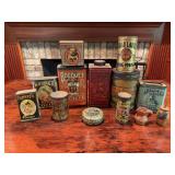 Kitchen and advertising tins as shown. Assorted group includes food, household, and advertising tins with printed graphics and general store display appeal. Suitable for kitchen décor, tin collectors