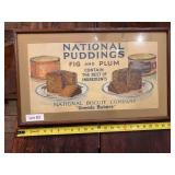 Uneeda Bakers National Puddings Fig and Plum framed advertising print with vintage-style grocery and dessert graphics. Food-related advertising collectible suitable for general store, kitchen, pantry,