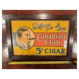 Canadian Club Cigars advertising sign with cigar-themed graphics. Tobacco-related advertising collectible suitable for display in a collection, shop, bar, office, or man cave.