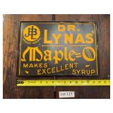 Dr. Lyna’s Maple Syrup framed cardboard advertising sign with vintage-style syrup and grocery graphics. Food-related advertising collectible suitable for general store, kitchen, pantry, country stor