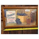 Domino Cane Sugar framed advertising print with vintage-style grocery and kitchen graphics. Food-related advertising collectible suitable for general store, kitchen, pantry, country store, or advertis