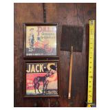 Small framed advertising prints and fly swatter as shown. Assorted advertising display group with vintage-style grocery, general store, and household advertising appeal. Suitable for advertising colle